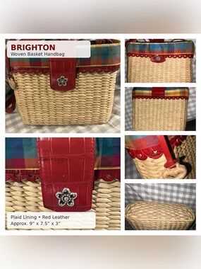 Brighton Woven Basket Plaid Red Leather Handbag